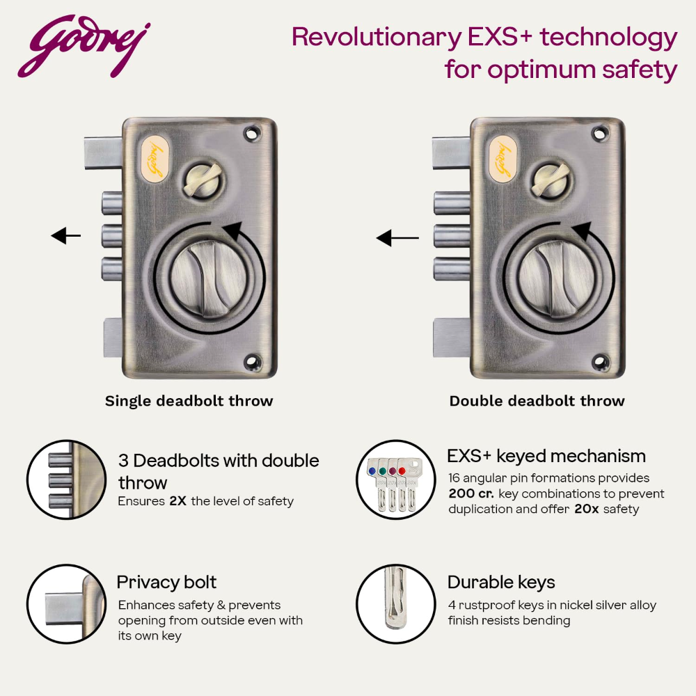 Godrej Rim Lock I Pentabolt EXS Technology I 1CK Deadbolt I For Home Main door I for Outside Opening Door & Left  Right Handed Doors I 4 Keys I 15 Year Warranty I Flawless Finish